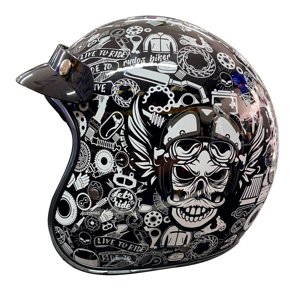 CASCO 3/4 RUDO COLLAGE DOT RUDOS BIKER TALLA L NEGRO-BLANCO BRILLANTE