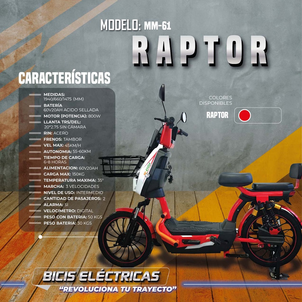 BICICLETA ELECTRICA MM-61 RAPTOR / ROJO