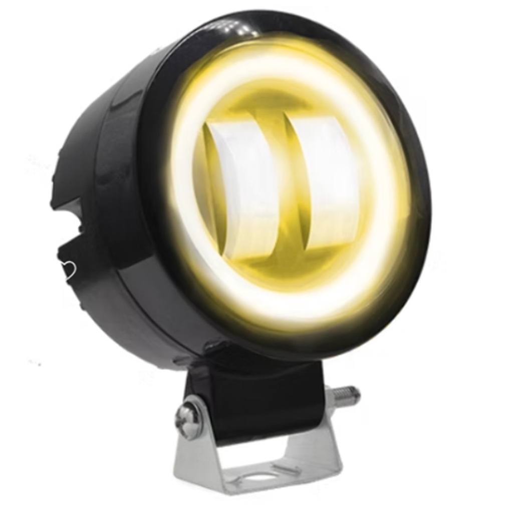 FARO 2 LED REDONDO CON LUPA LUZ BLANCA FIJA Y ESTROBO OPCIONAL CONTORNO AMARILLO