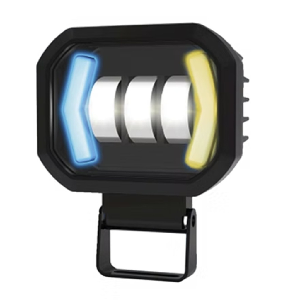 FARO AUXILIAR LED CON LUPA CON 3 LED CON OJO DE ANGEL ROJO Y DIRECCIONAL AMARILLA CON LUZ BLANCA FIJA Y ESTROBO