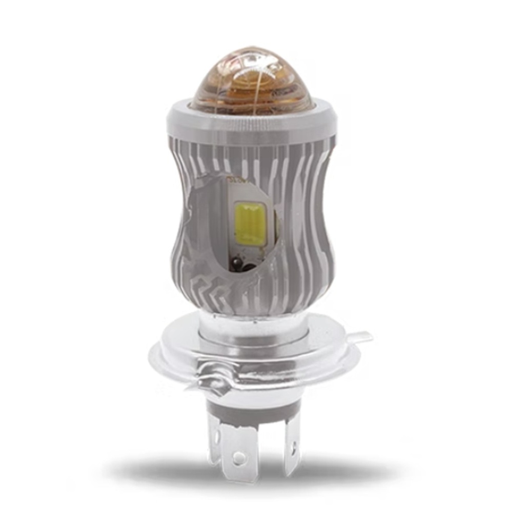FOCO DE FARO LED H4 CON LUPA LUZ BLANCA Y AMARILLA CON CARCASA PLATA