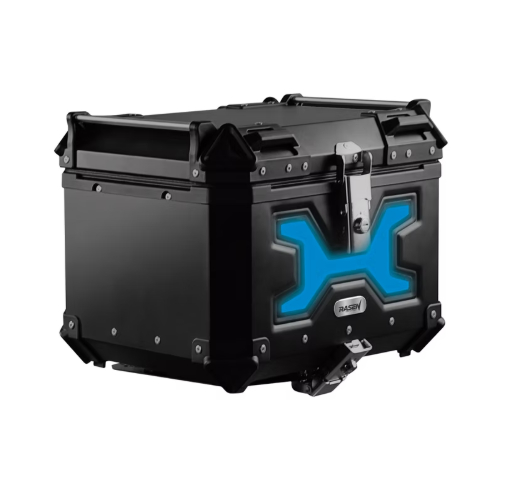 MALETERO CON RESPALDO ACOJINADO DE ALUMINIO NEGRO CON LUZ  45 L (AZUL)