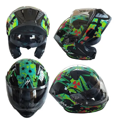 CASCO ABATIBLE HALF CERTIFICADO DOT DOBLE VISOR MICA TRANSPARENTE KAOS VERDE/5Vcc TALLA L