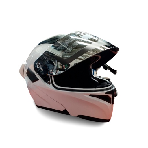[CAS-ABA-90L] CASCO ABATIBLE HALF C/LUZ TRASERA RECARGABLE Y DOBLE VISOR MICA ESPEJO YANG / BLANCO BRILLANTE 5Vcc